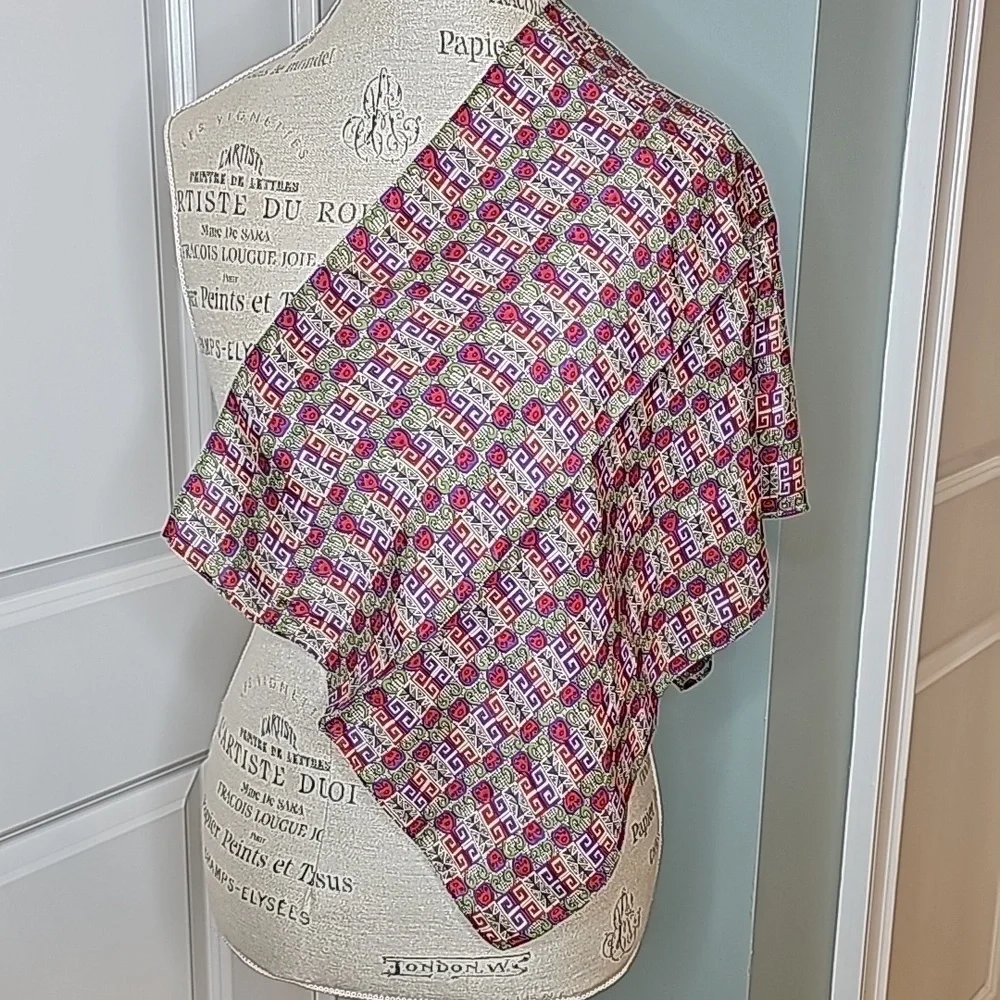 Purple, Red, Green, and Cream Printed Hand Rolled Silk Neck Scarf - OS